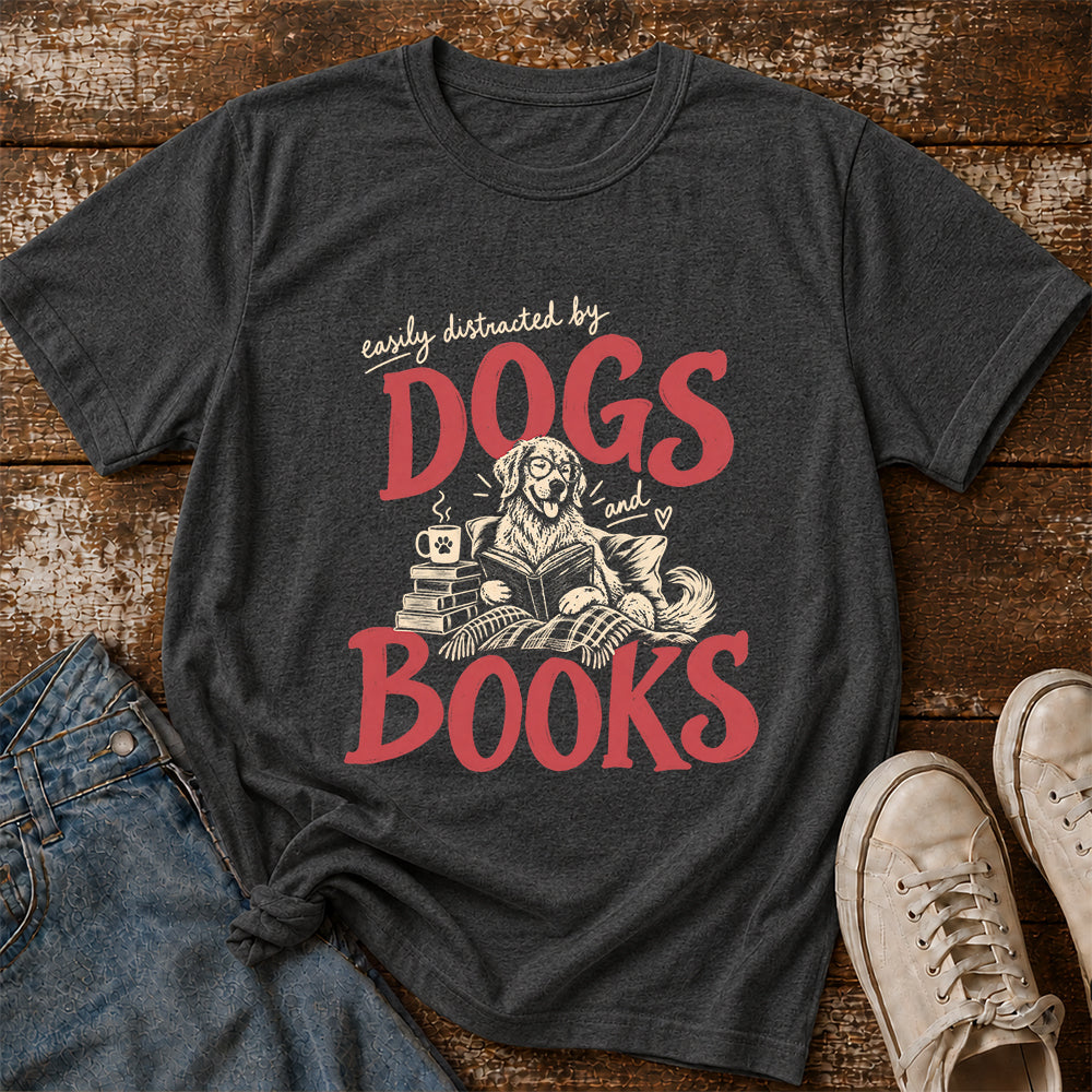 Easily Distracted By Dogs And Books Softstyle T-Shirt | Book Lover Gift Dark Heather