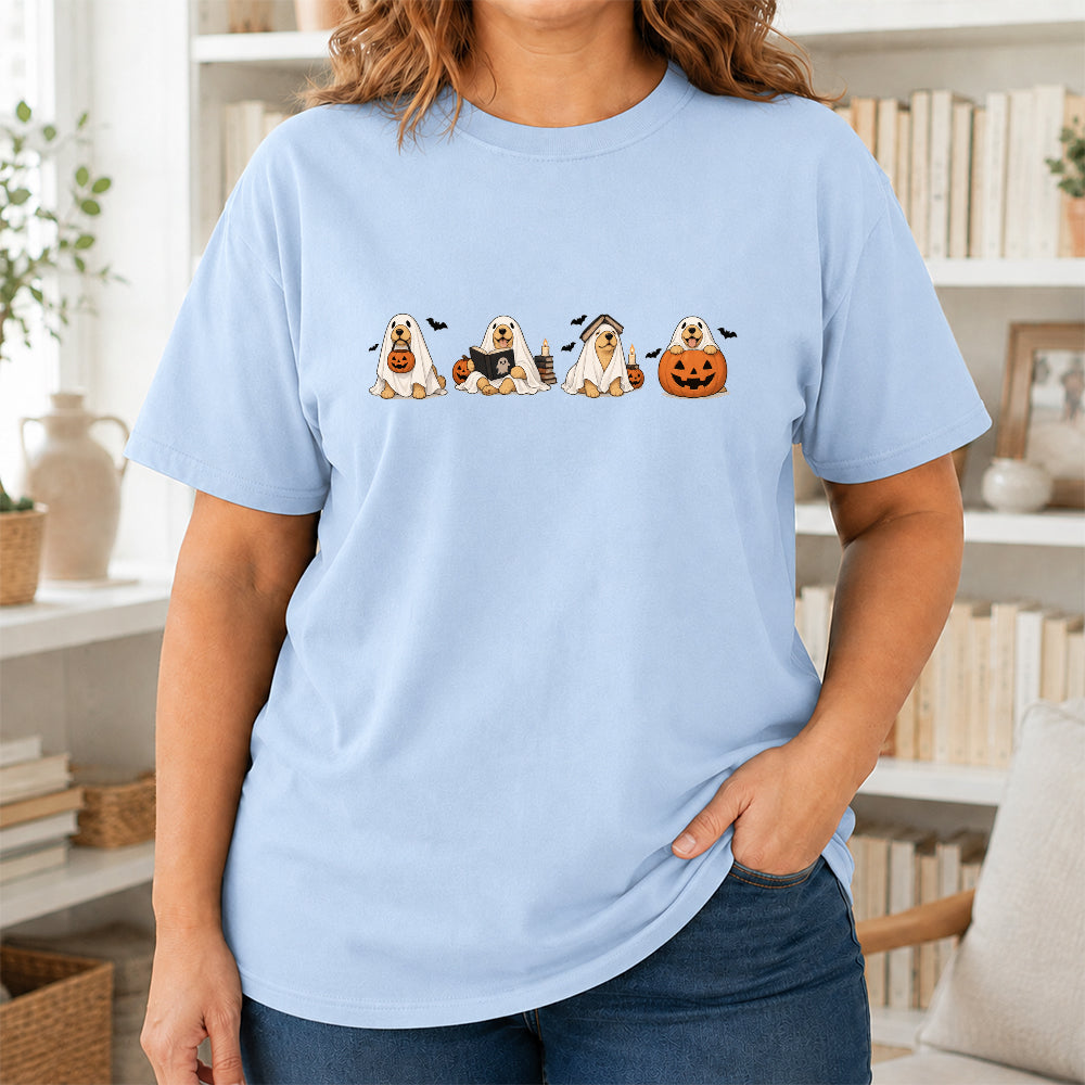 Spooky Golden Retrievers Book Club Printed T-Shirt | Halloween Book Lover Gift Light Blue