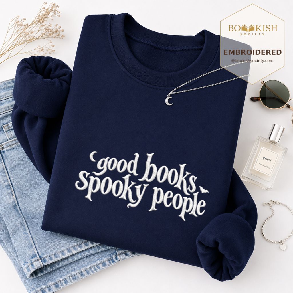 Good Books Spooky People Embroidered Sweatshirt | Halloween Book Lover Gift Navy