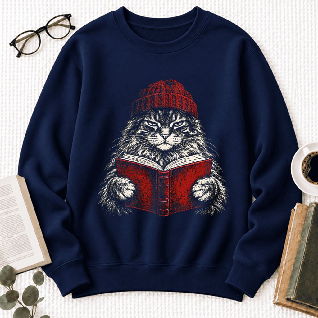 Vintage Reading Cat Maine Coon Softstyle Sweatshirt | Christmas Book Lover Gift Navy