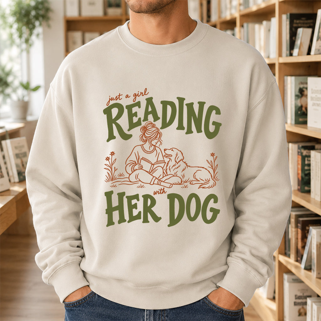 Just A Girl Reading With Her Dog Crewneck Sweatshirt | Reader Gift Sand