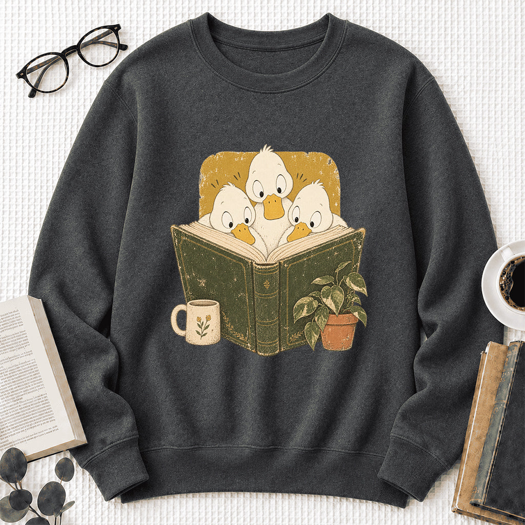 Minimal Japanese Ducks Reading Crewneck Sweatshirt | Reader Gift Dark Heather