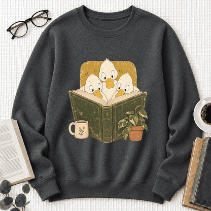 Minimal Japanese Ducks Reading Crewneck Sweatshirt | Reader Gift Dark Heather
