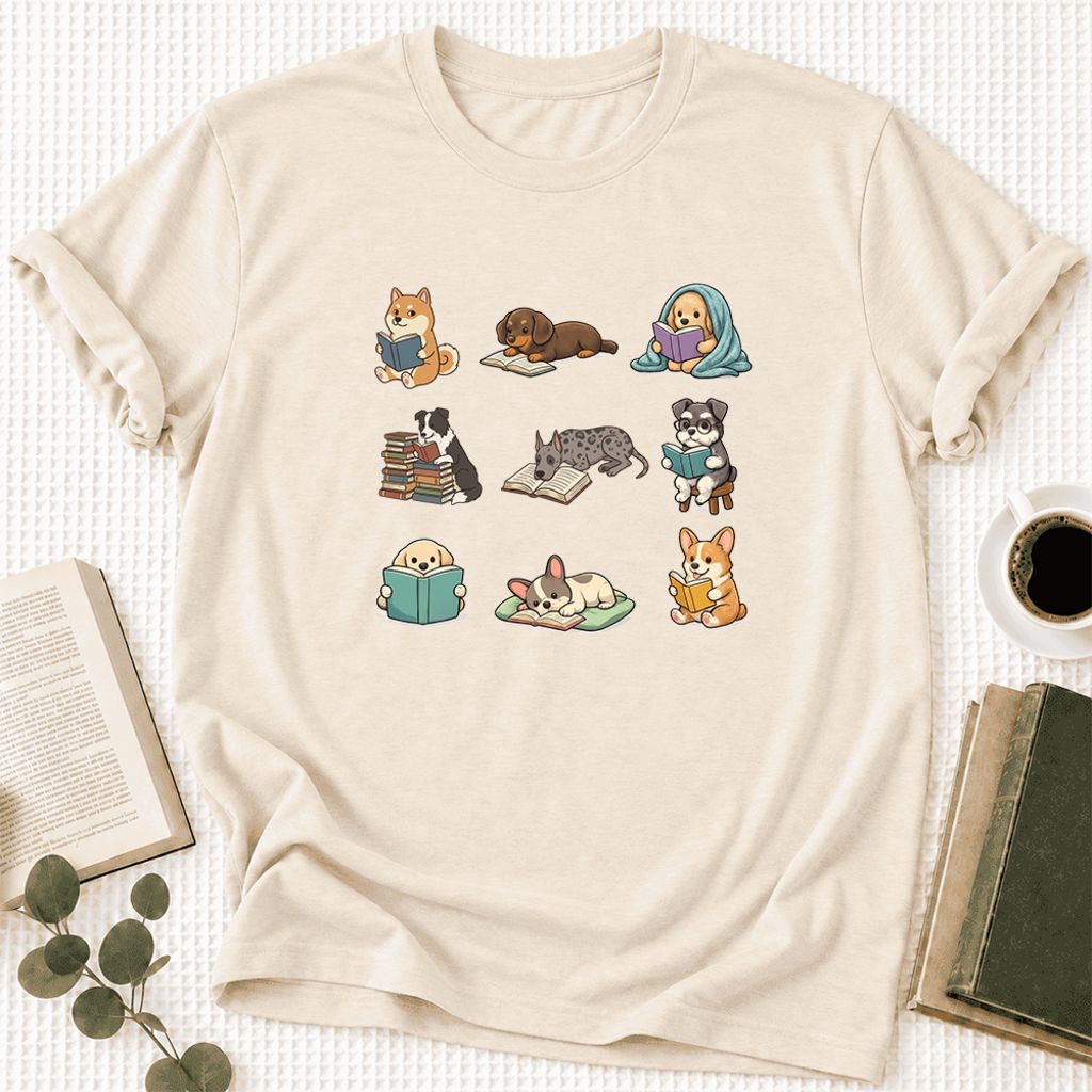 Funny Reading Dogs Ultra-Soft Cotton T-Shirt | Dog Mom Reader Gift Natural