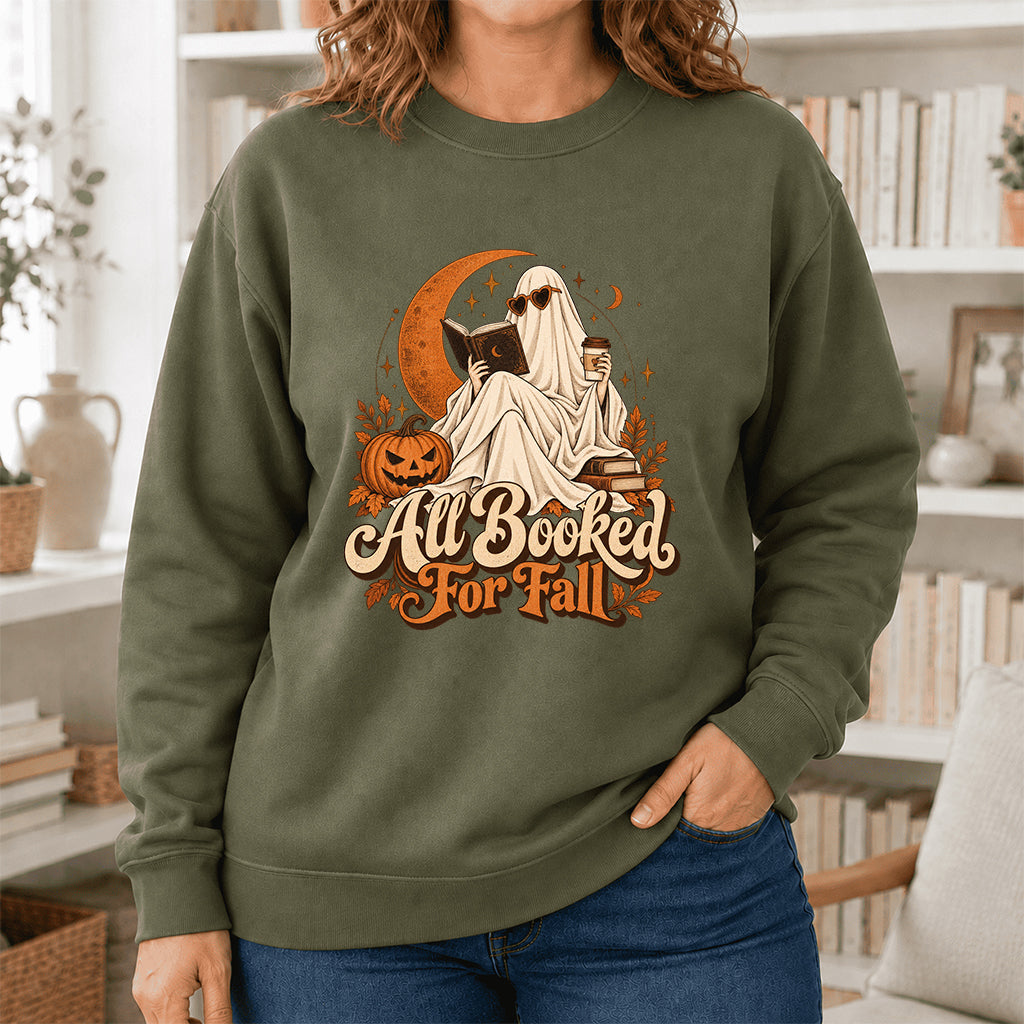 All Booked For Fall Crewneck Sweatshirt | Halloween Reader Gift Military Green