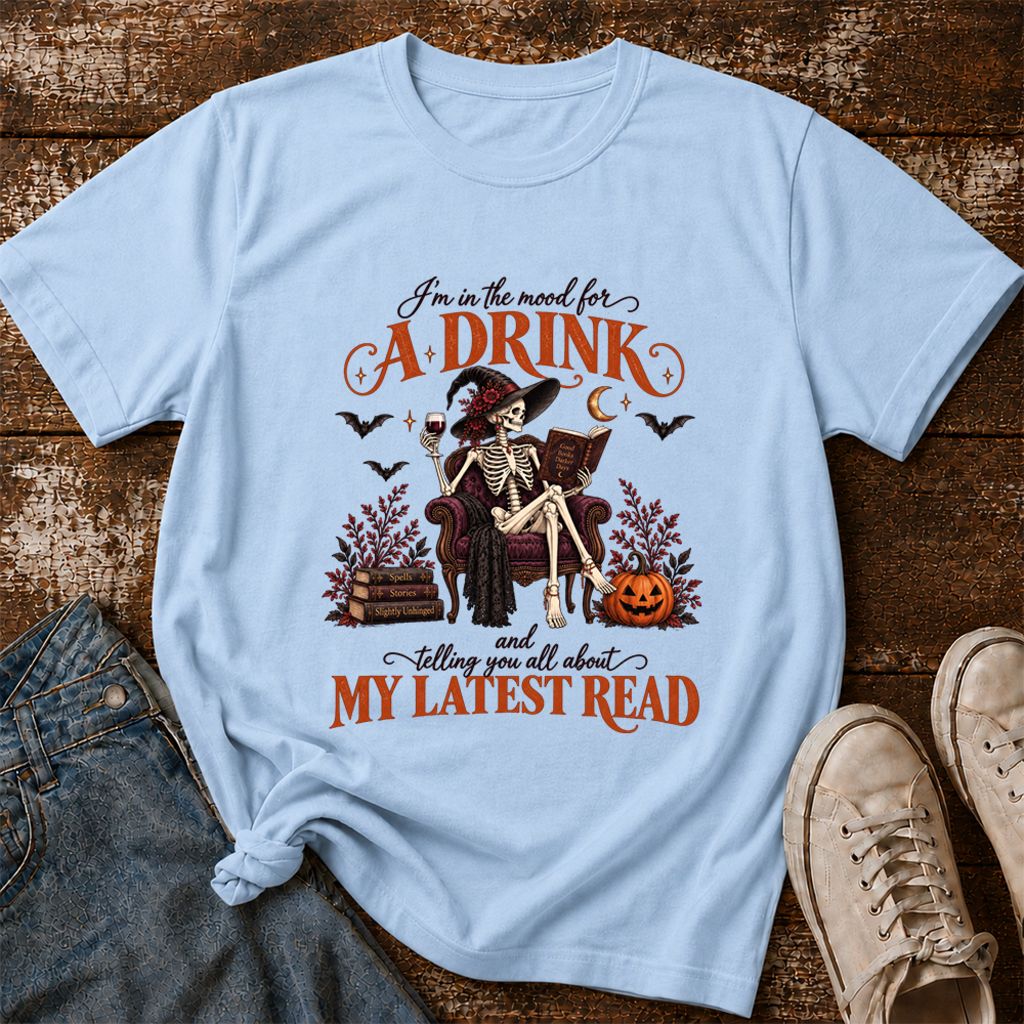 Telling You All About My Lastest Read Printed T-Shirt | Halloween Reader Gift Light Blue