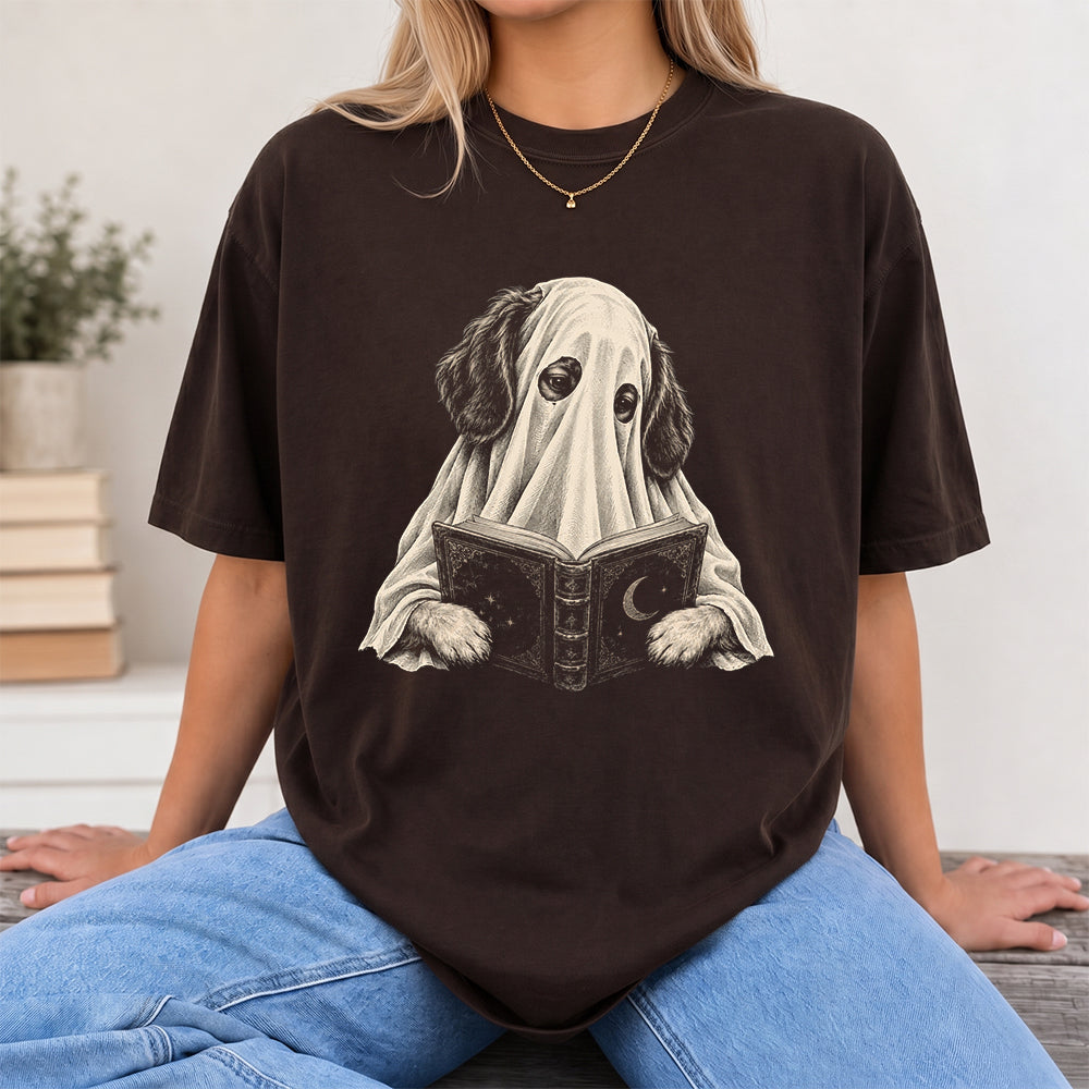 Reading Ghost Dog Printed T-Shirt | Halloween Dog Lover Gift Dark Chocolate