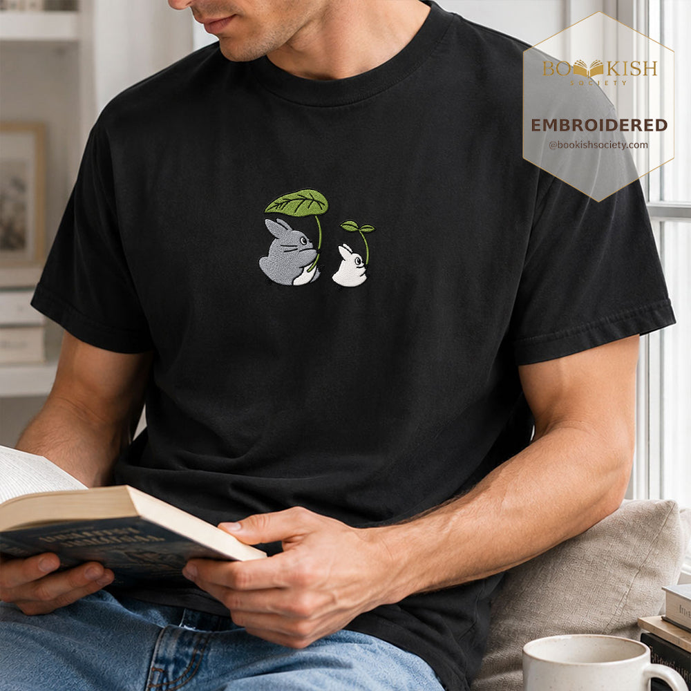 Embroidered Forest Spirits and Flowers Comfort Color® T-shirt Book Lover Gift Black