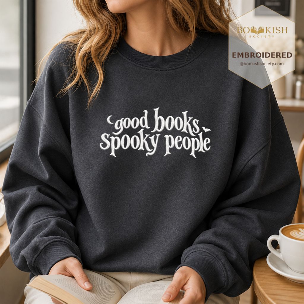 Good Books Spooky People Embroidered Sweatshirt | Halloween Book Lover Gift Dark Heather