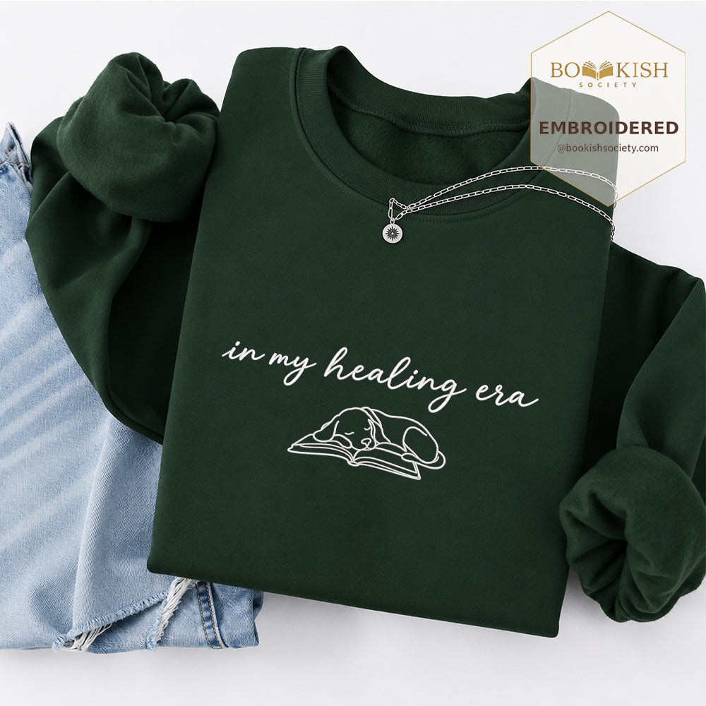 In My Healing Era Embroidered Sweatshirt | Dog Lover & Reader Gift Forest Green