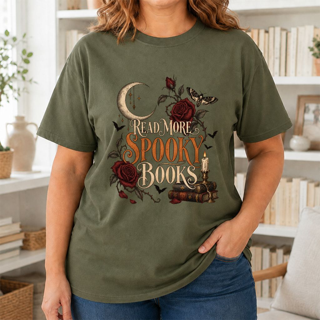 Read More Spooky Books Printed T-Shirt | Halloween Book Lover Gift Military Green