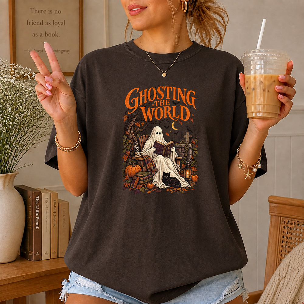 Ghosting The World Cotton T-Shirt | Halloween Book Lover Gift Dark Chocolate