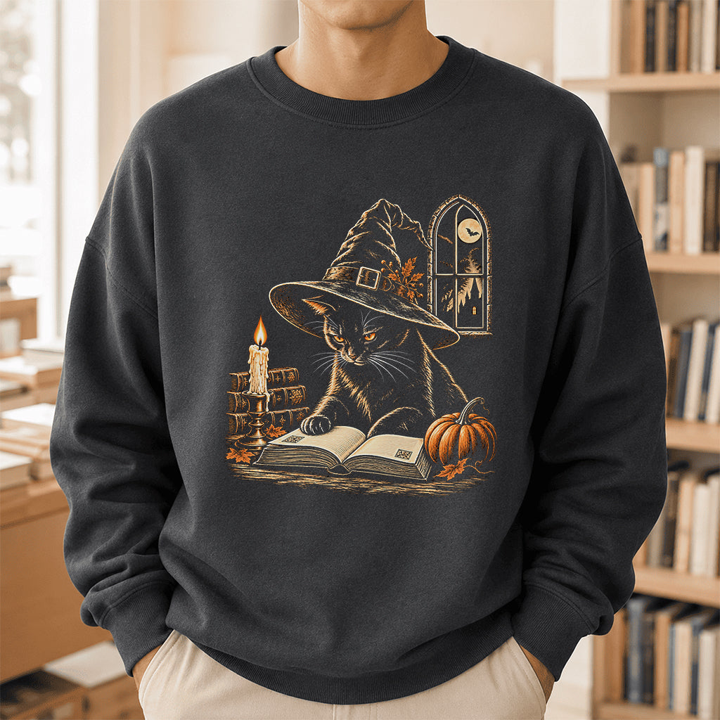 Reading Black Cat Witch Printed Sweatshirt | Halloween Book Lover Gift Dark Heather