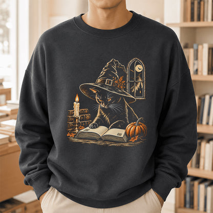 Reading Black Cat Witch Printed Sweatshirt | Halloween Book Lover Gift Dark Heather