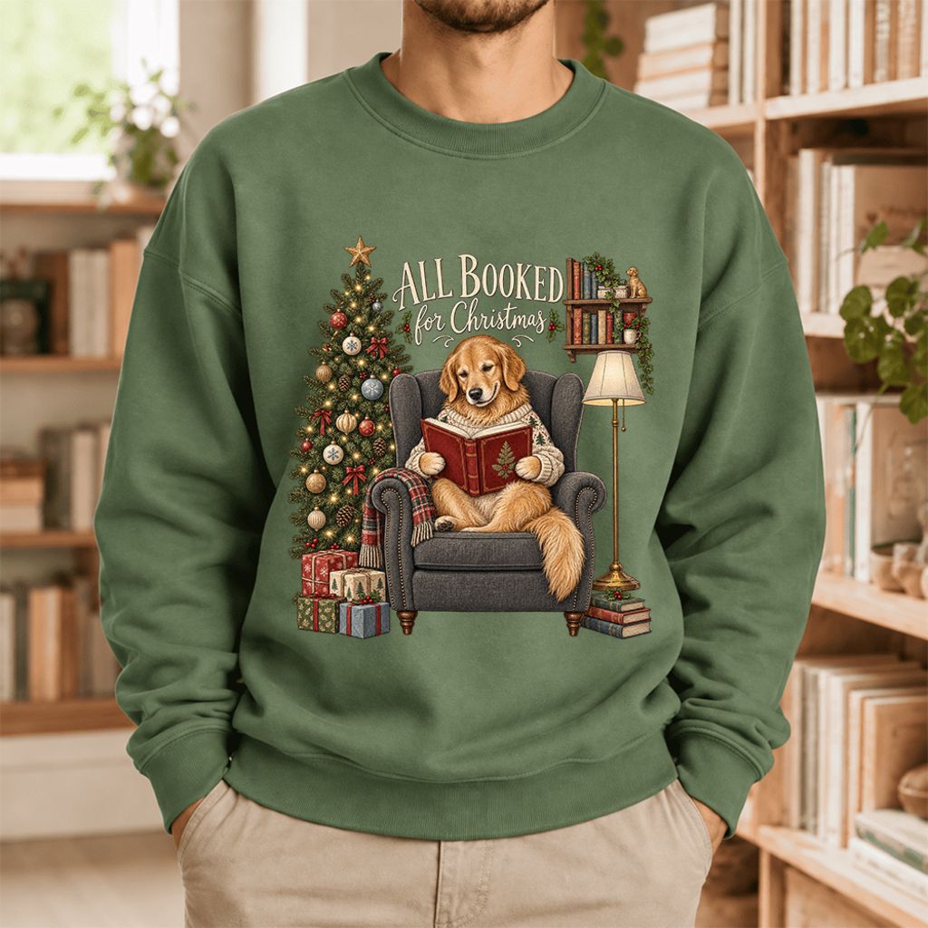 All Booked For Christmas Sweatshirt | Christmas Reader Gift Military Green