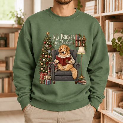 All Booked For Christmas Sweatshirt | Christmas Reader Gift Military Green