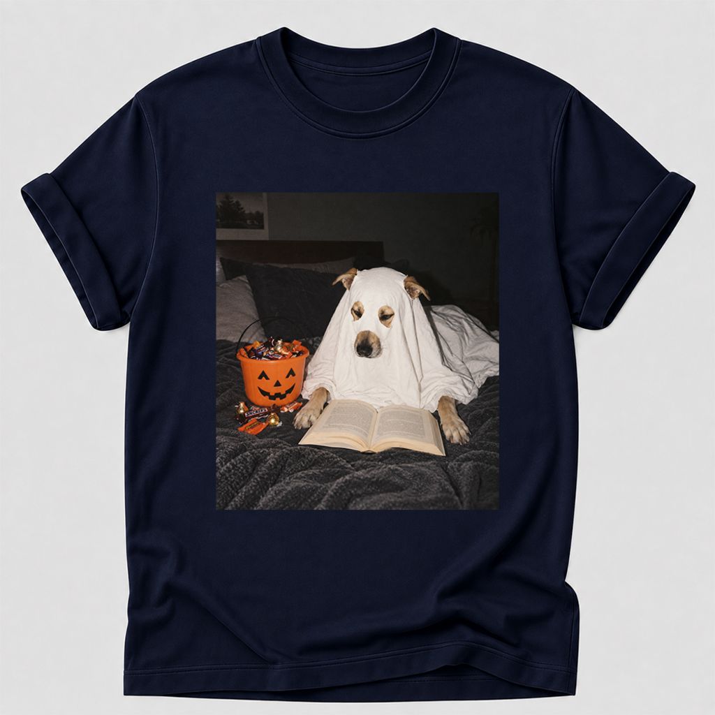 Cute Reading Ghost Dog Printed T-Shirt | Halloween Book Lover Gift Navy