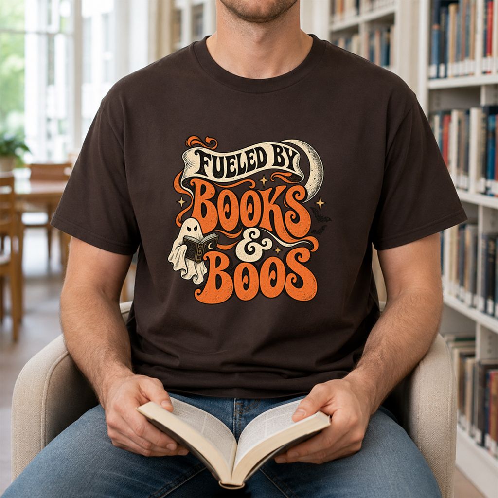 Fueled By Books & Boos Printed T-Shirt | Halloween Book Lover Gift Dark Chocolate