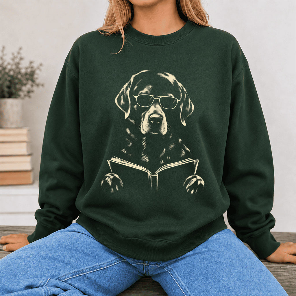 Labrador Retriever Reading Book Crewneck Sweatshirt | Reader Gift Forest Green