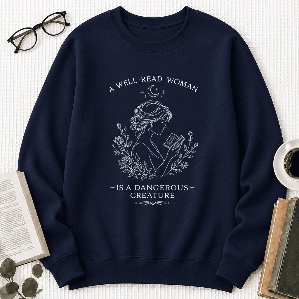 A Well Read Woman Is A Dangerous Creature Crewneck Sweatshirt | Reader Gift Navy