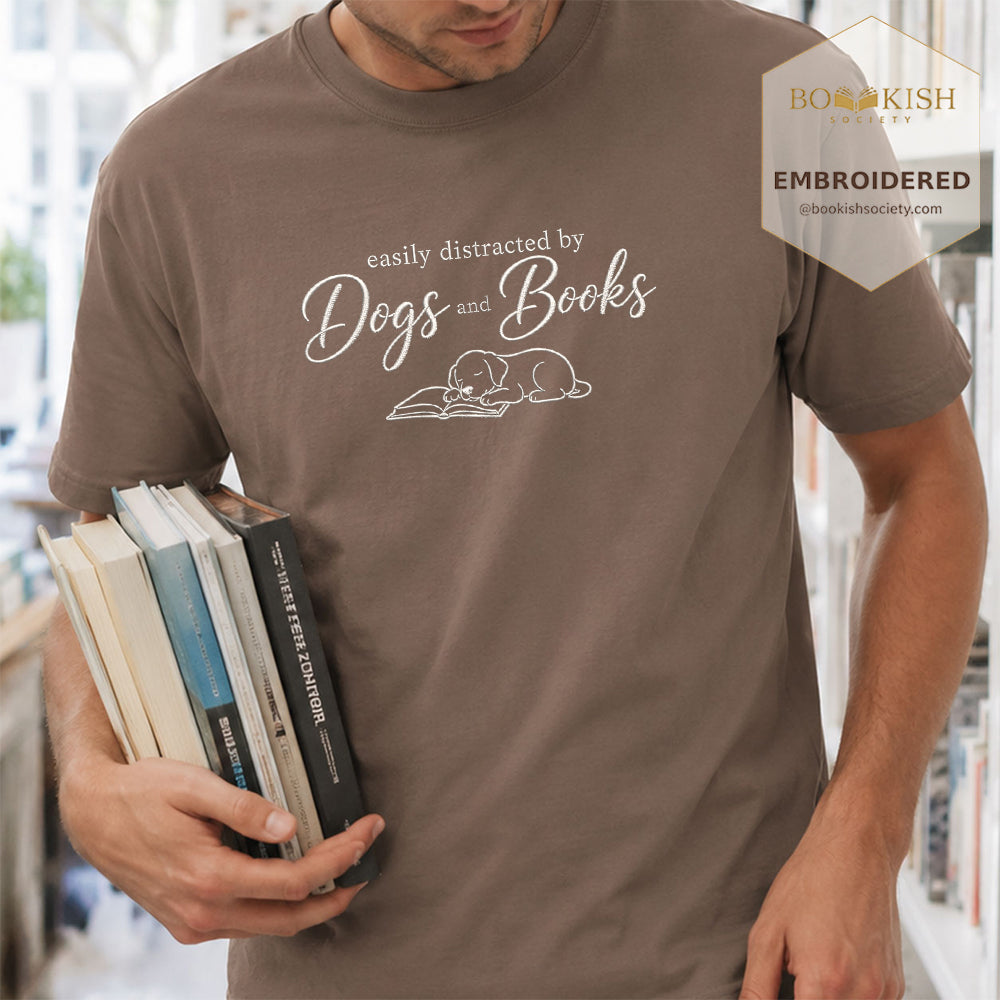 Easily Distracted By Dogs And Books Embroidered Comfort Color® T-shirt | Book Lover Gift Espresso