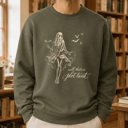 Funny Dress-Wearing Bookworm Ghost Printed Sweatshirt | Halloween Reader Gift Military Green