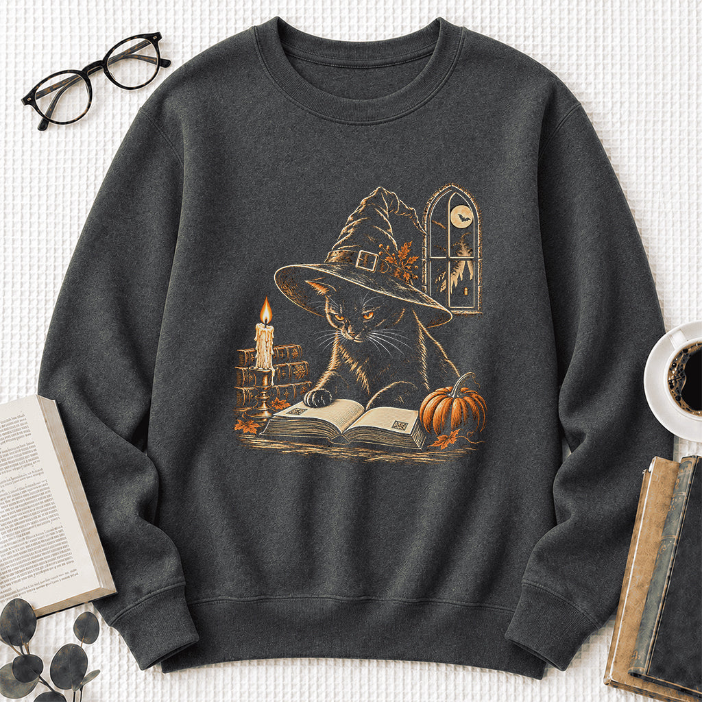 Reading Black Cat Witch Printed Sweatshirt | Halloween Book Lover Gift Dark Heather