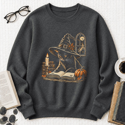Reading Black Cat Witch Printed Sweatshirt | Halloween Book Lover Gift Dark Heather