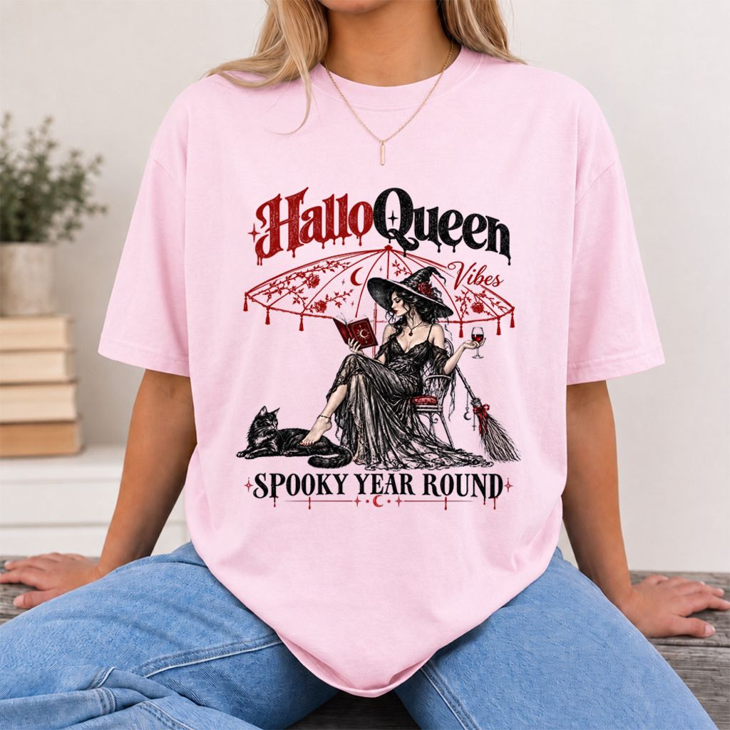 Halloqueen Spooky Year Round Printed T-Shirt | Halloween Book Lover Gift Light Pink