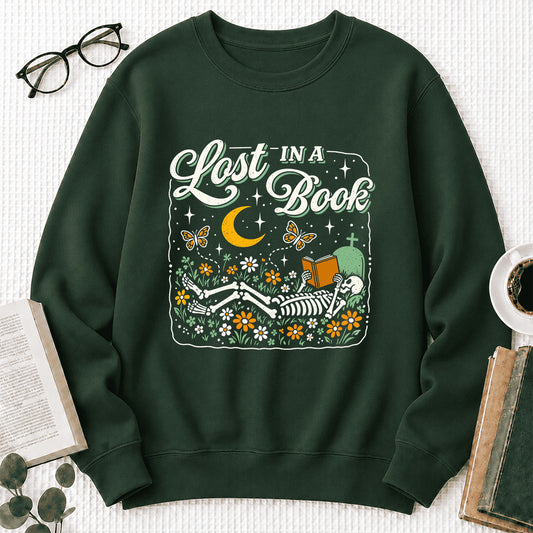 Lost In A Book Crewneck Sweatshirt | Halloween Reader Gift Forest Green