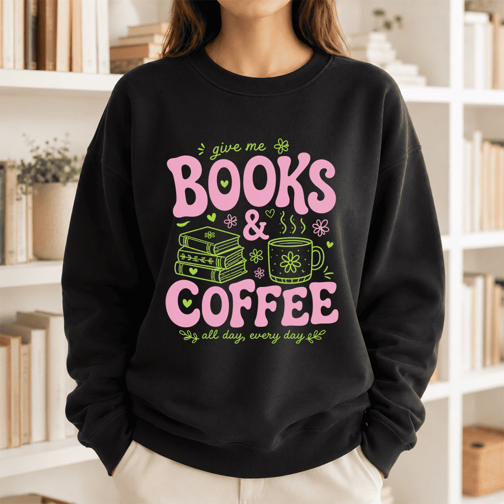 Books and Coffee Crewneck Sweatshirt | Reader Gift Black