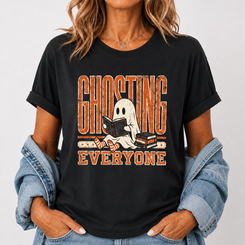 "Ghosting Everyone" Printed T-Shirt | Halloween Reader Gift Black