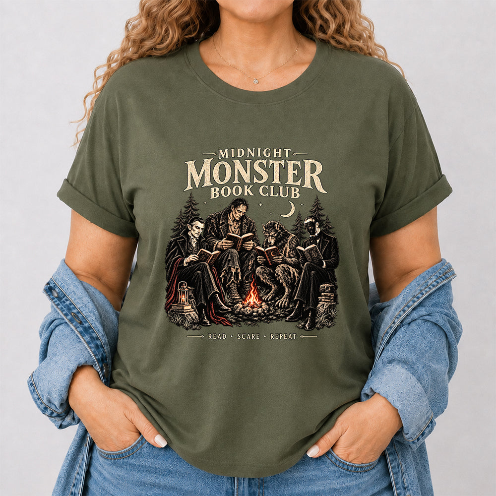 Midnight Monster Book Club Printed T-Shirt | Halloween Book Lover Gift Military Green
