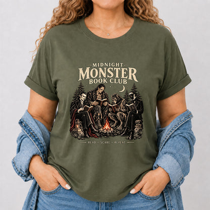 Midnight Monster Book Club Printed T-Shirt | Halloween Book Lover Gift Military Green