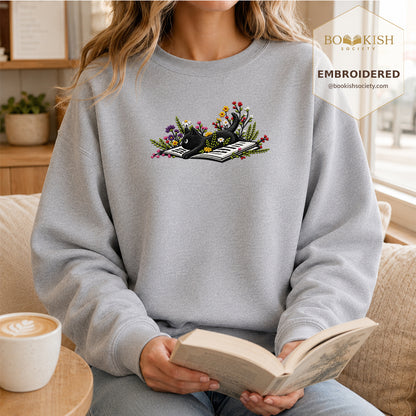 Cat and Book Embroidered Sweatshirt | Reader Gift Sport Grey