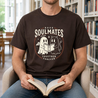 Book Soulmates Together Forever Printed T-Shirt | Halloween Book Lover Gift Dark Chocolate