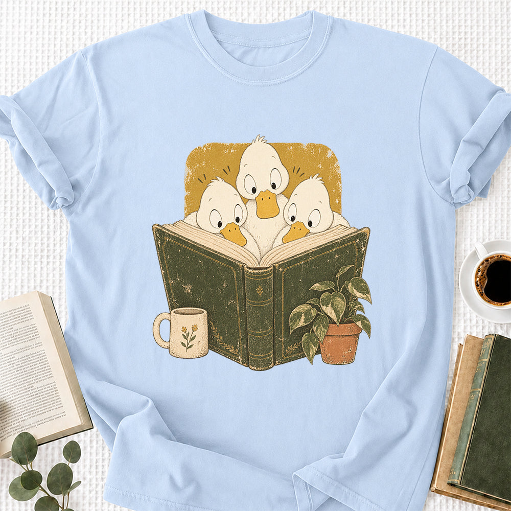Minimal Japanese Ducks Reading Softstyle T-Shirt | Book Lover Gift Light Blue