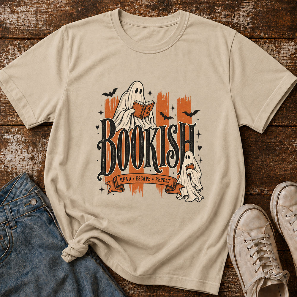 Bookish Read Escape Repeat Printed T-Shirt | Halloween Book Lover Gift Sand