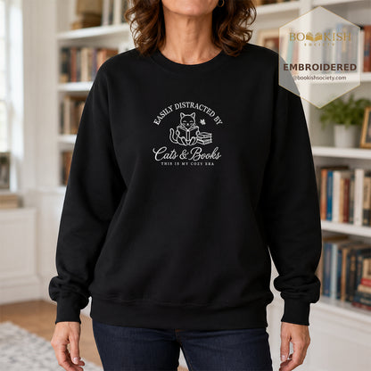 Easily Distracted By Cats And Books V2 Embroidered Sweatshirt | Reader Gift Black