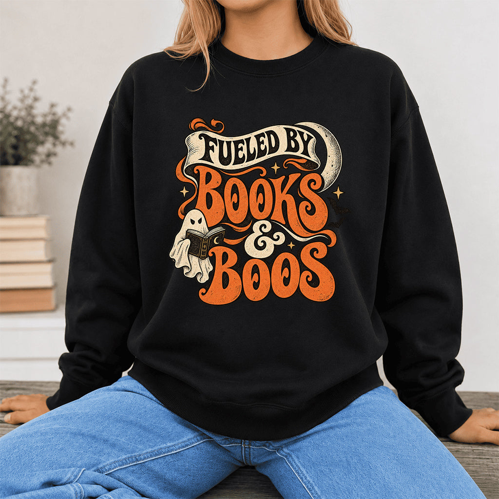 Fueled By Books & Boos Printed Sweatshirt | Halloween Book Lover Gift Black