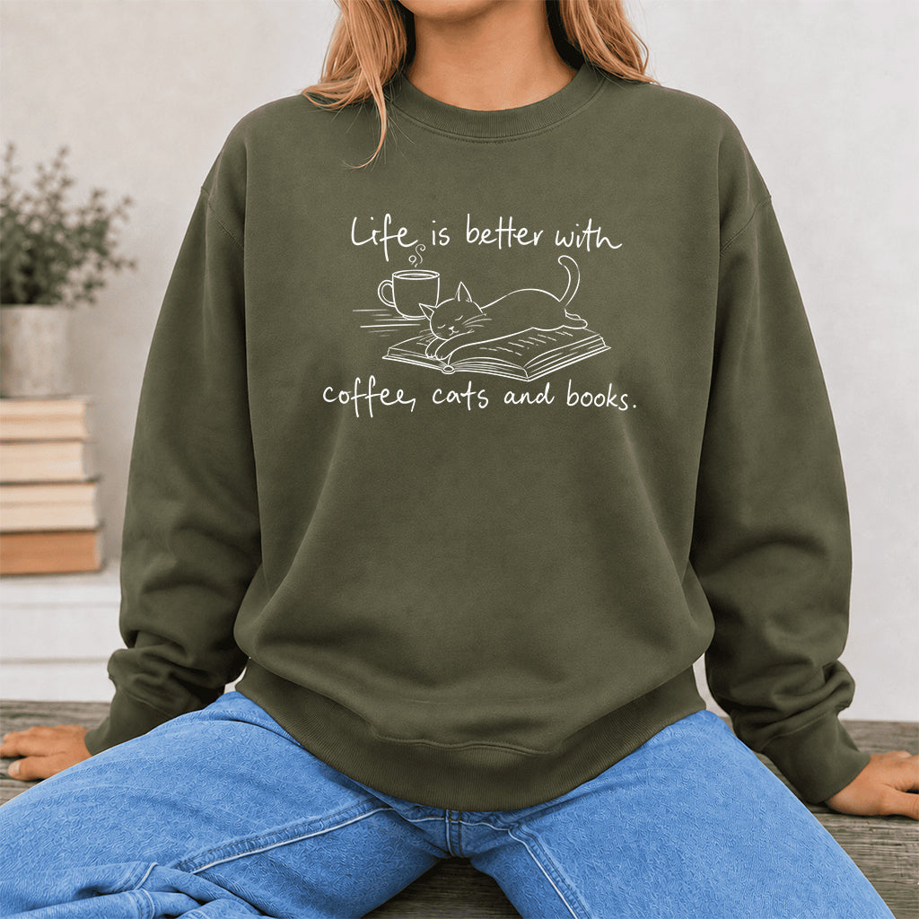 Funny Cats and Books Crewneck Sweatshirt | Reader Gift Military Green