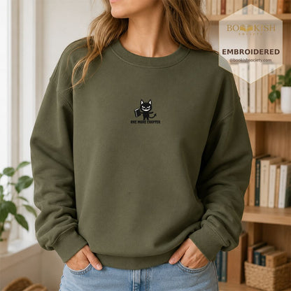 One More Chapter Devil Cat Embroidered Sweatshirt | Halloween Book Lover Gift Military Green