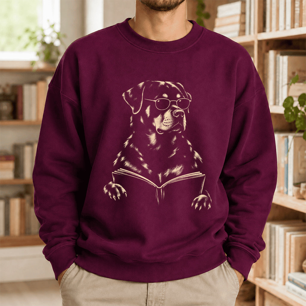 Rottweiler Reading Book Crewneck Sweatshirt | Reader Gift Maroon