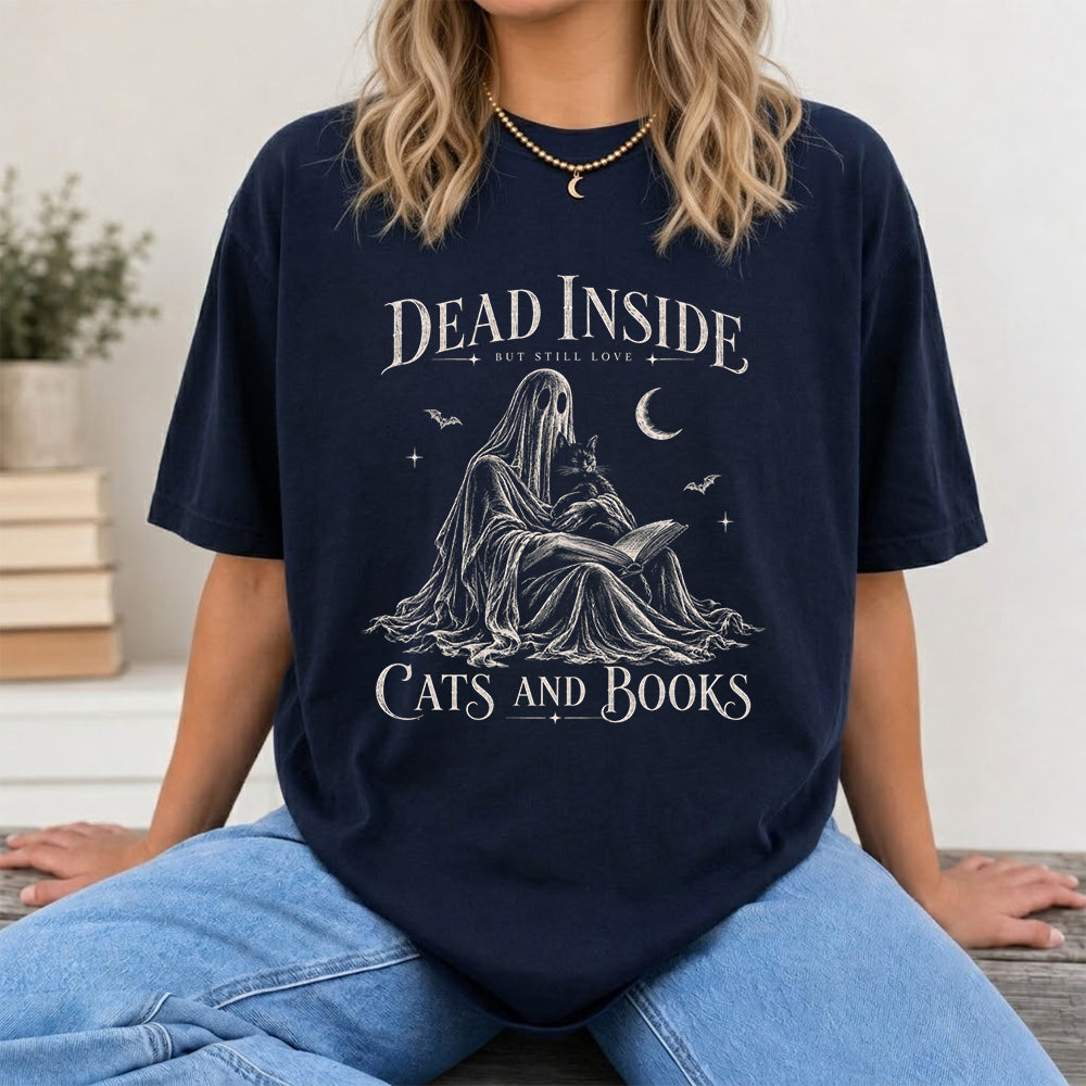 Dead Inside But Still Love Cats And Books Printed T-Shirt | Halloween Gift Navy