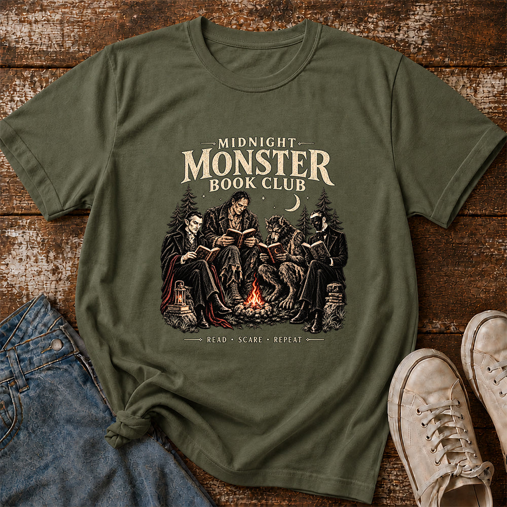 Midnight Monster Book Club Printed T-Shirt | Halloween Book Lover Gift Military Green