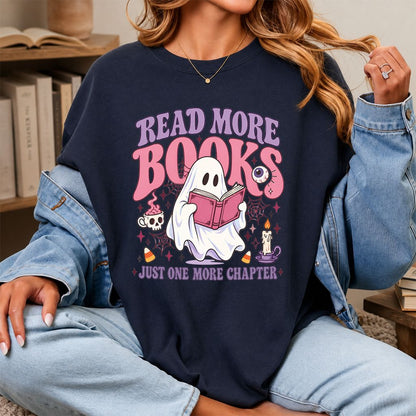 Read More Books Ghost Printed T-Shirt | Halloween Book Lover Gift Navy