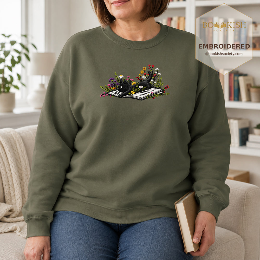Cat and Book Embroidered Sweatshirt | Reader Gift Military Green