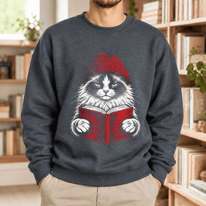 Vintage Reading Cat Ragdoll Softstyle Sweatshirt | Christmas Reader Gift Dark Heather