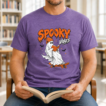 Spooky Vibes Printed T-Shirt | Halloween Book Lover Gift Heather Purple