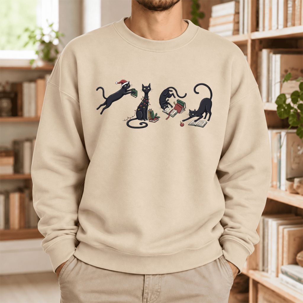 Christmas Reading Cats Softstyle Sweatshirt | Christmas Book Lover Gift Sand